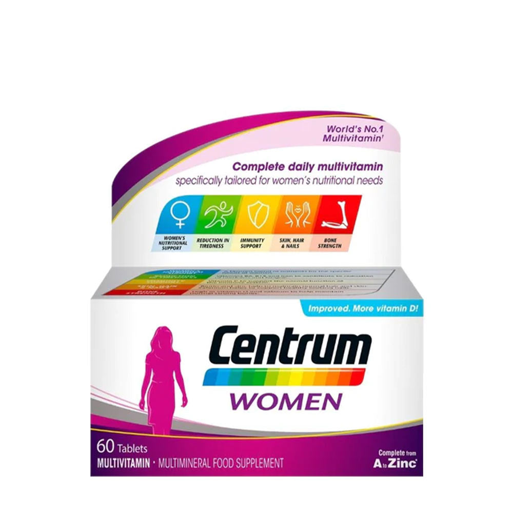Centrum Women multivitamin box, 60 tablets, designed for women's nutritional needs with essential vitamins and minerals.