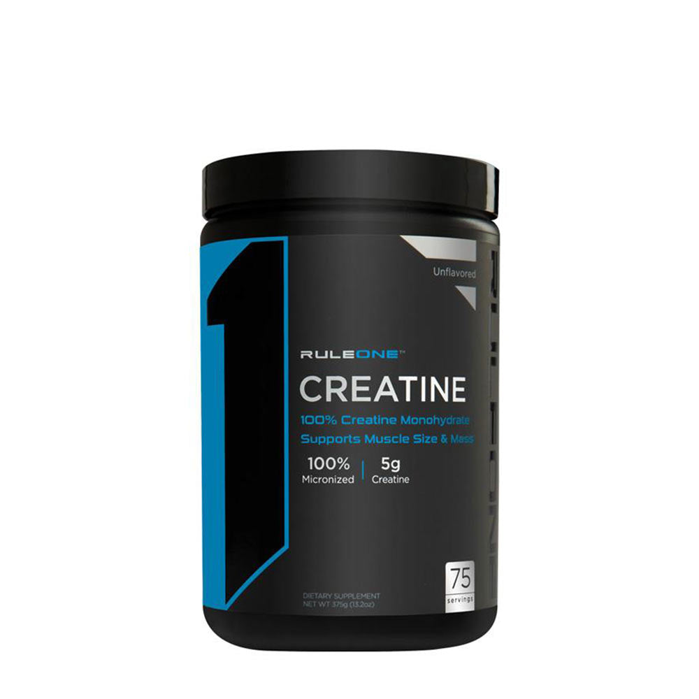 Rule One Creatine powder jar, 100% creatine monohydrate, supports muscle strength and recovery.