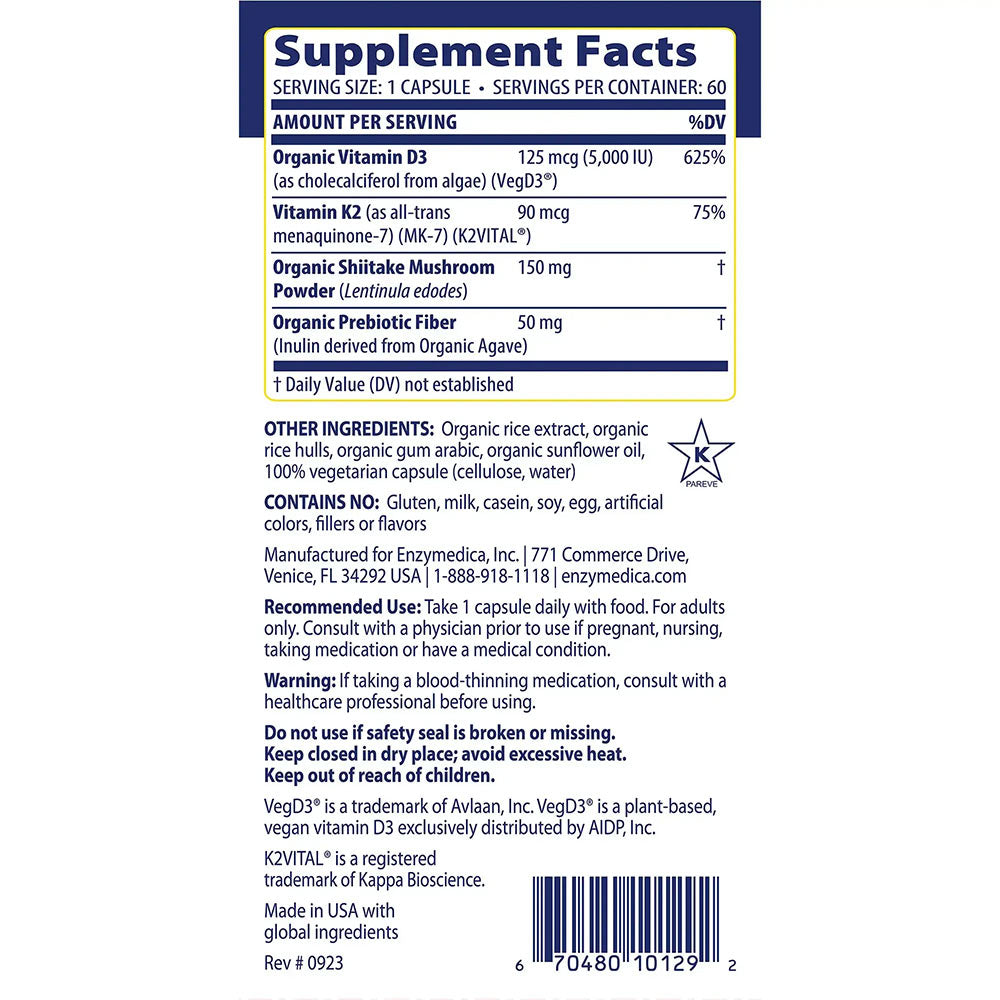 Enzymedica - Vitamin D3 + Vitamin K2 - 60 Caps