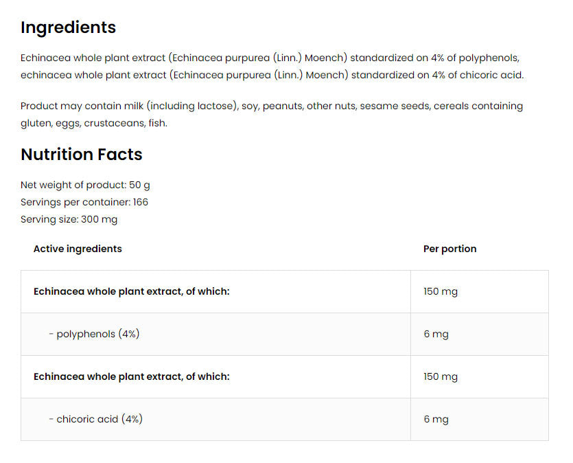 Echinacea Extract – 166 dagliga doser baksida