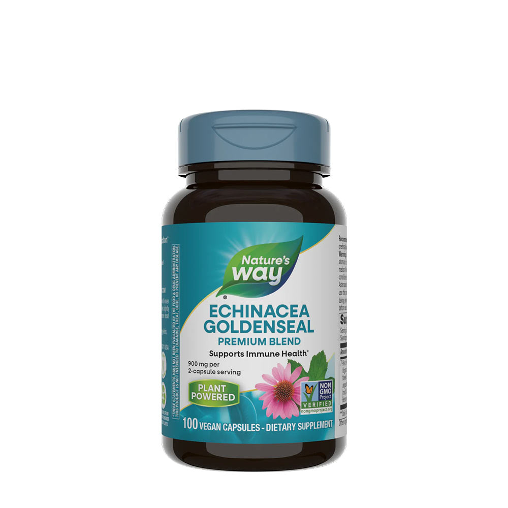 Nature's Way Echinacea Goldenseal Premium Blend, 100 vegan capsules for immune support.