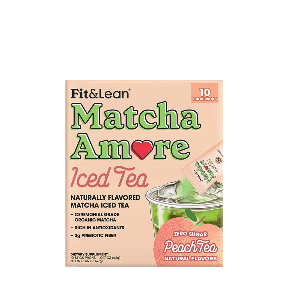 Fit & Lean Matcha Amore Iced Tea box with natural peach flavor and stick packs, rich in antioxidants and no added sugar.