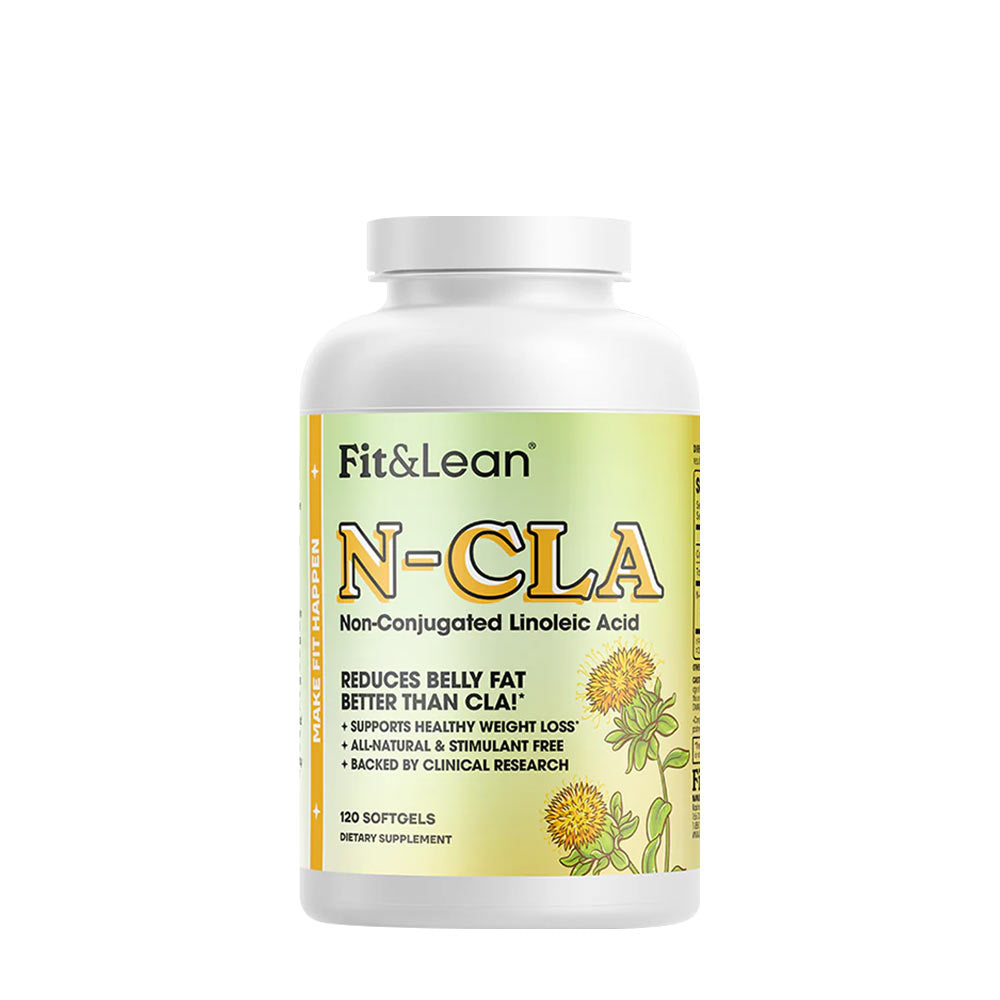 Fit & Lean N-CLA supplement bottle promoting belly fat reduction and healthy weight loss.