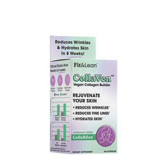 Fit & Lean CollaVen Vegan Collagen Builder packaging highlighting benefits like wrinkle reduction and skin hydration.