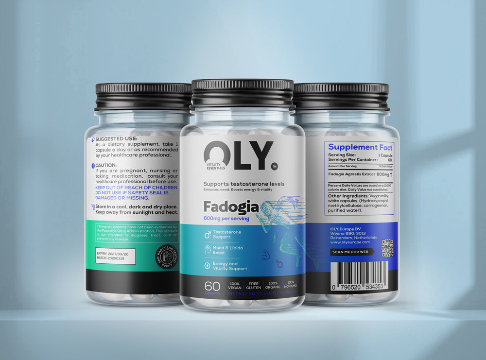 Oly Fadogia Agrestis supplement bottle showcasing testosterone support and key benefits.