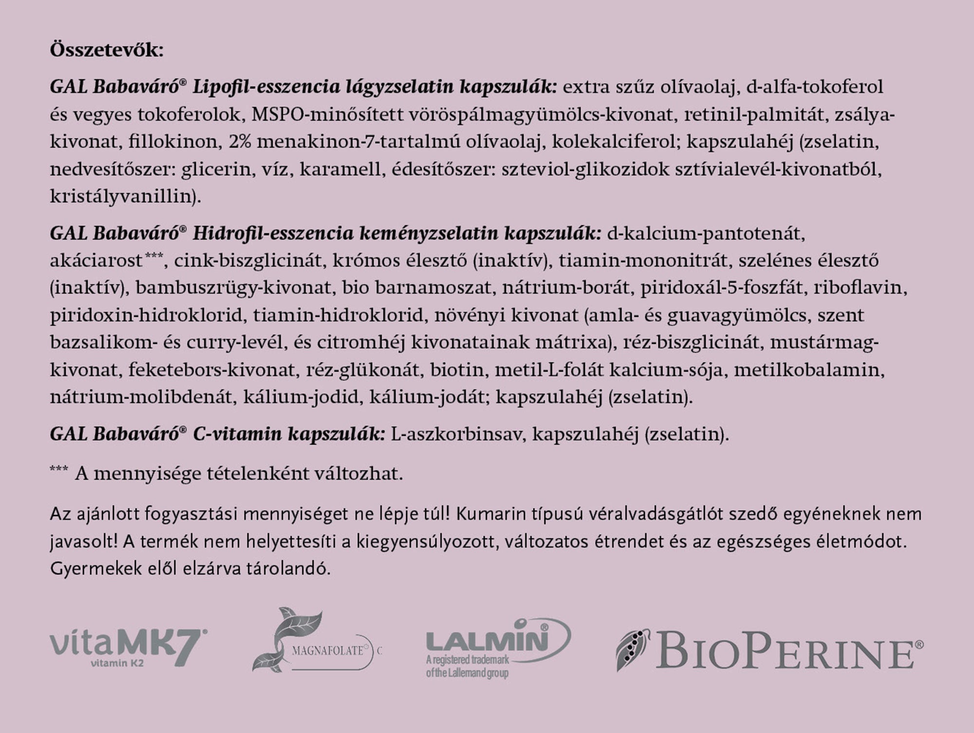 GAL Vitamins For Pregnant Women näringsfakta