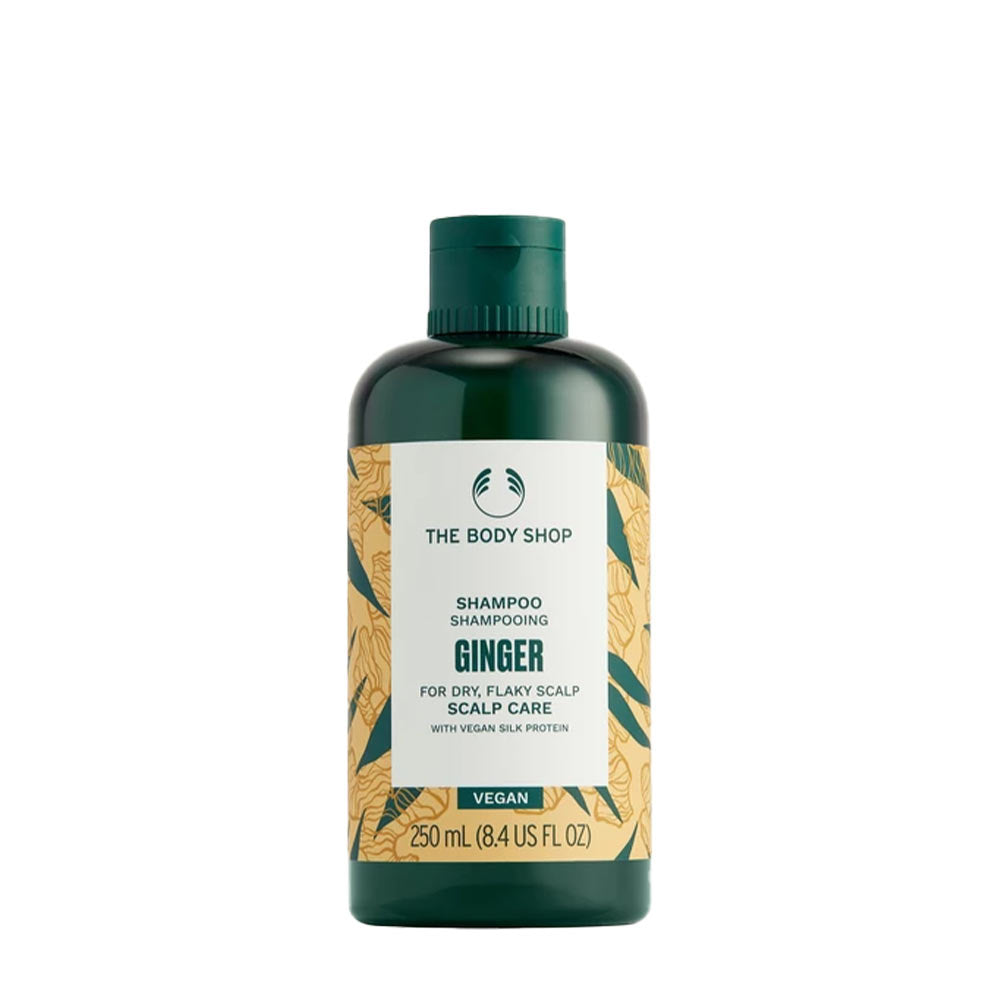 The Body Shop Ginger Scalp Care Shampoo bottle for dry, flaky scalps with vegan silk proteins, 250ml.