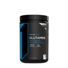 Rule One Glutamine powder container for post-workout recovery and muscle support.