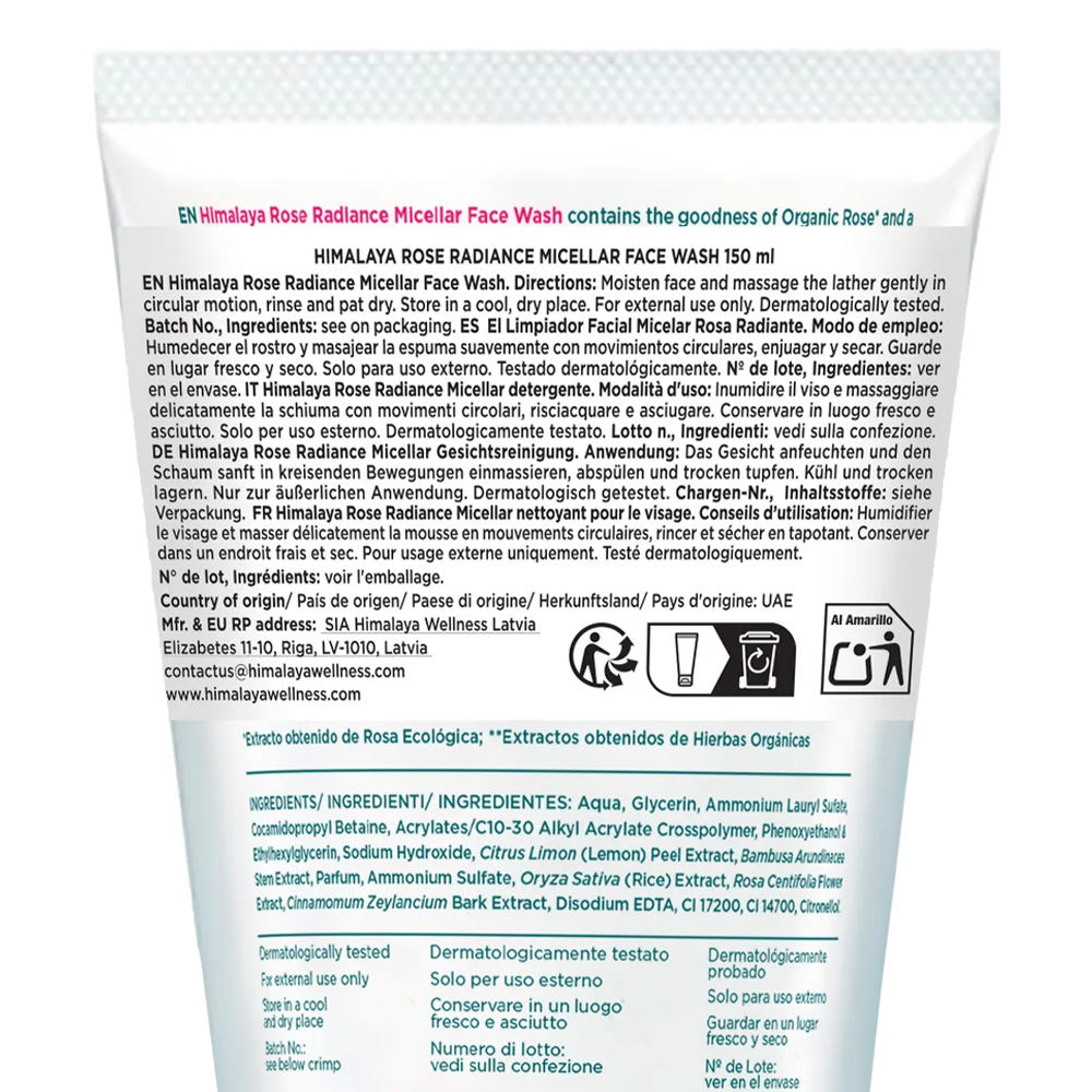 Rose Radiance Micellar Face Wash baksida näringsinformation