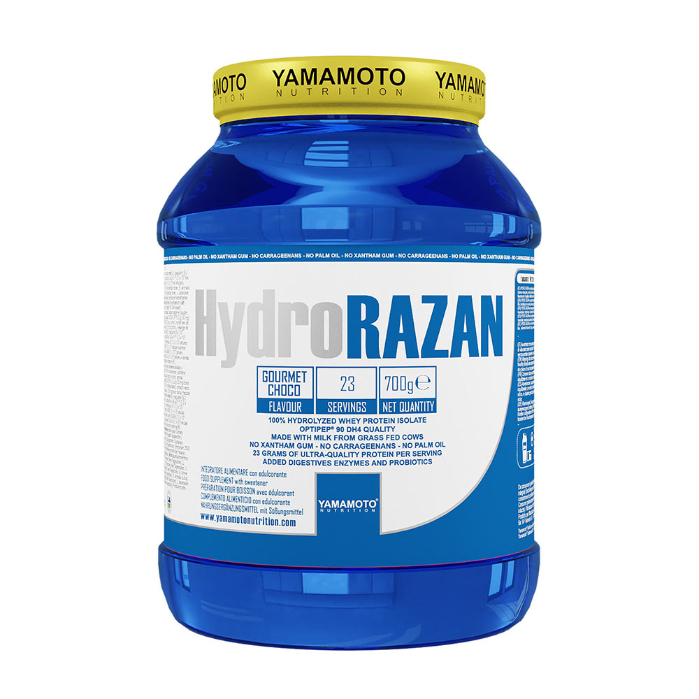 Yamamoto Nutrition Hydro RAZAN 700g protein powder, high biological value, fast absorption, enriched with digestive enzymes.