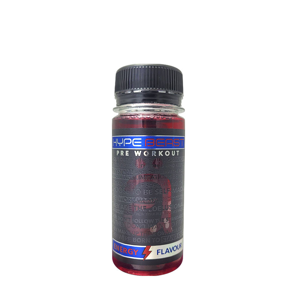 Nanosupps Hype Beast pre-workout shot in a clear bottle, designed for energy and endurance during workouts.