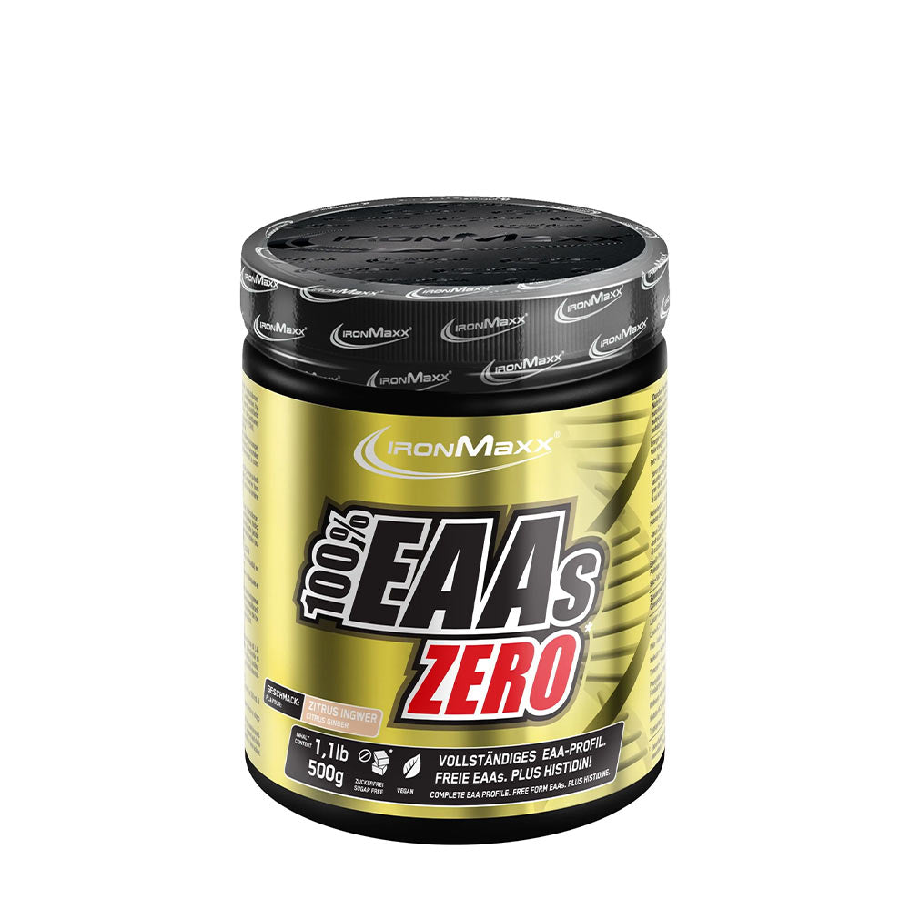 Ironmaxx 100% EEA Zero supplement jar for muscle recovery with essential amino acids, sugar-free and easy to prepare.