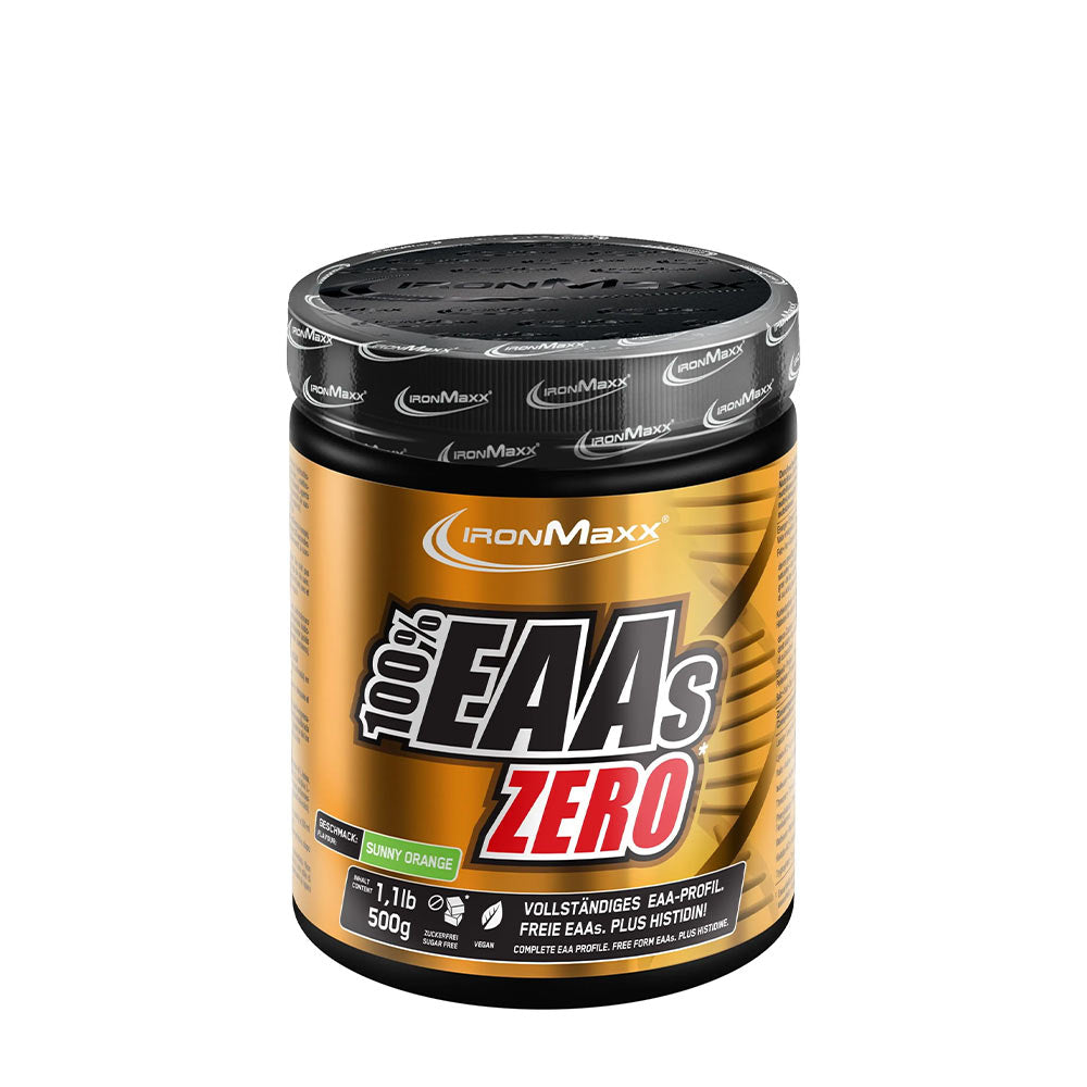 Ironmaxx 100% EAA Zero supplement jar in Sunny Orange flavor, designed for muscle recovery and rich in essential amino acids.