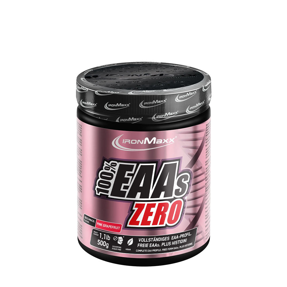Ironmaxx 100% EAA Zero 500g container, essential amino acids for muscle recovery, sugar-free, pink grapefruit flavor.