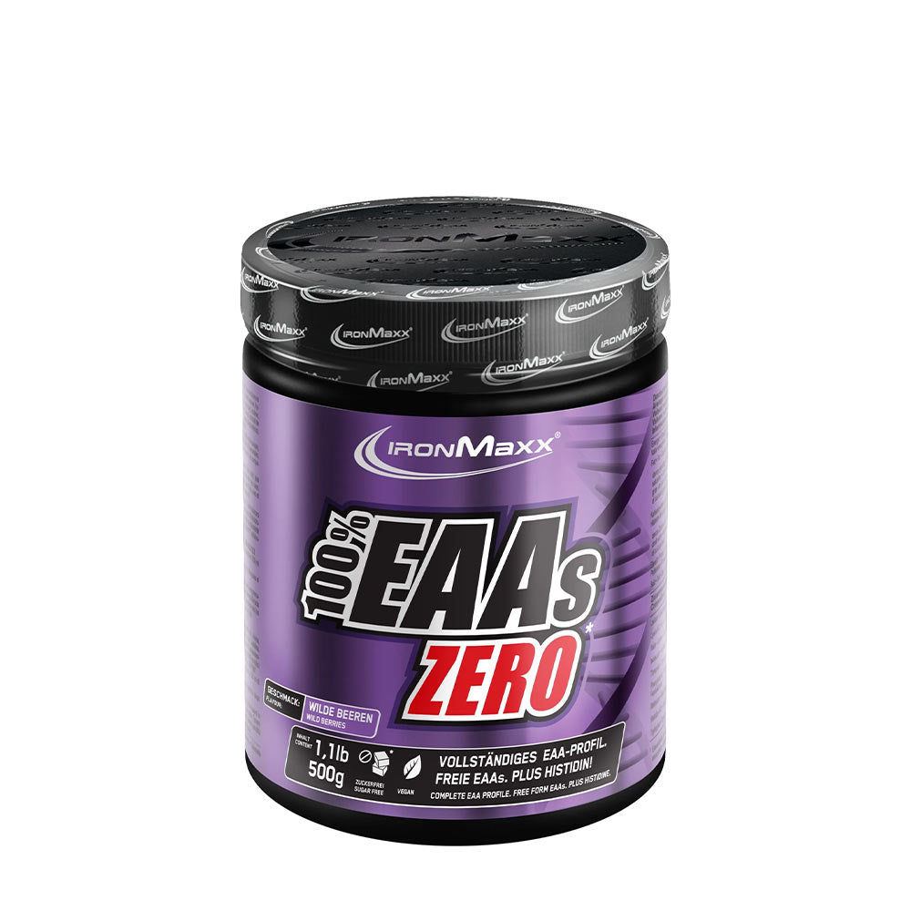 Ironmaxx 100% EAA Zero powder canister for muscle recovery, sugar-free with essential aminos, flavor: wild berries.