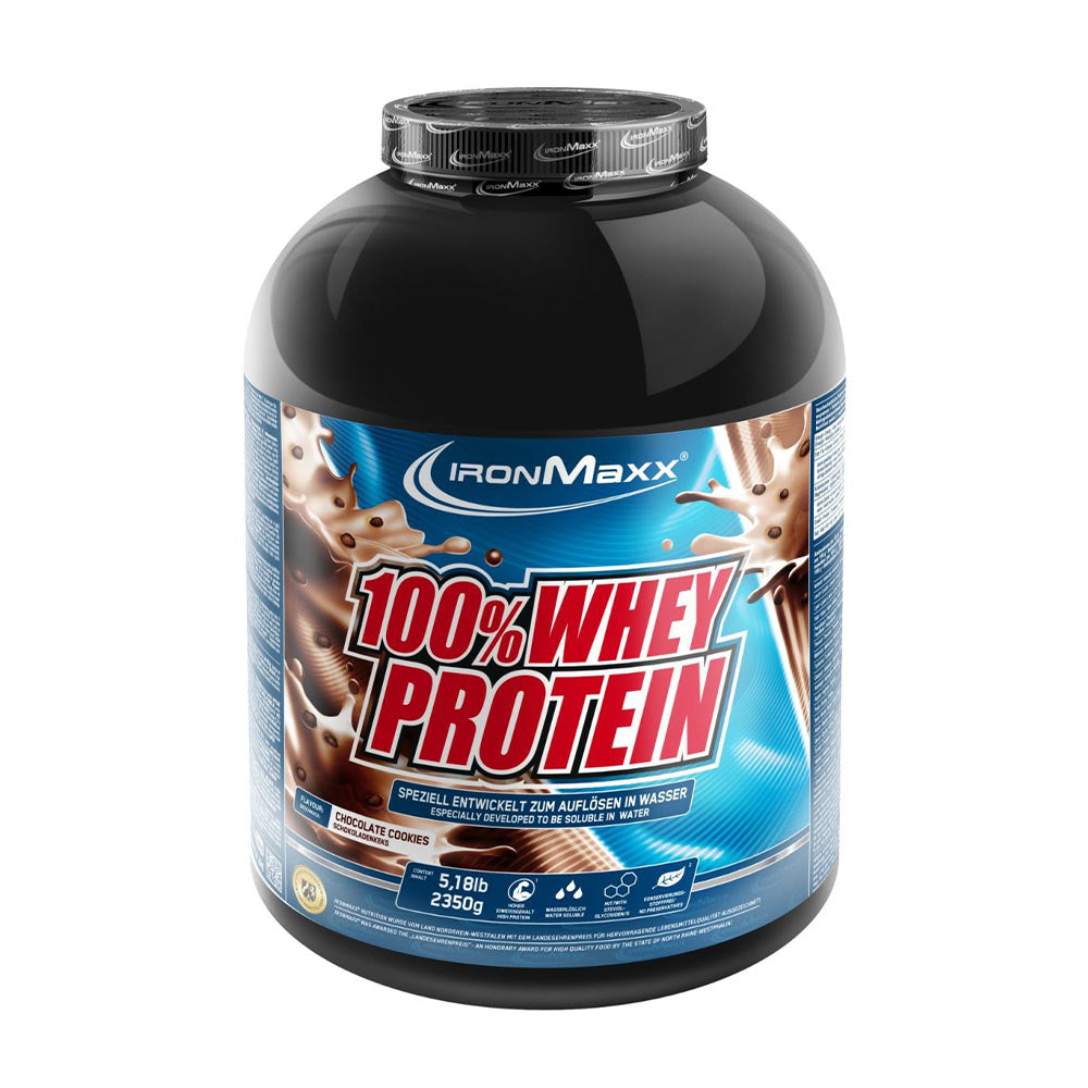 Ironmaxx 100% Whey Protein powder in a 5.18 lb container, chocolate flavor, designed for high protein intake.
