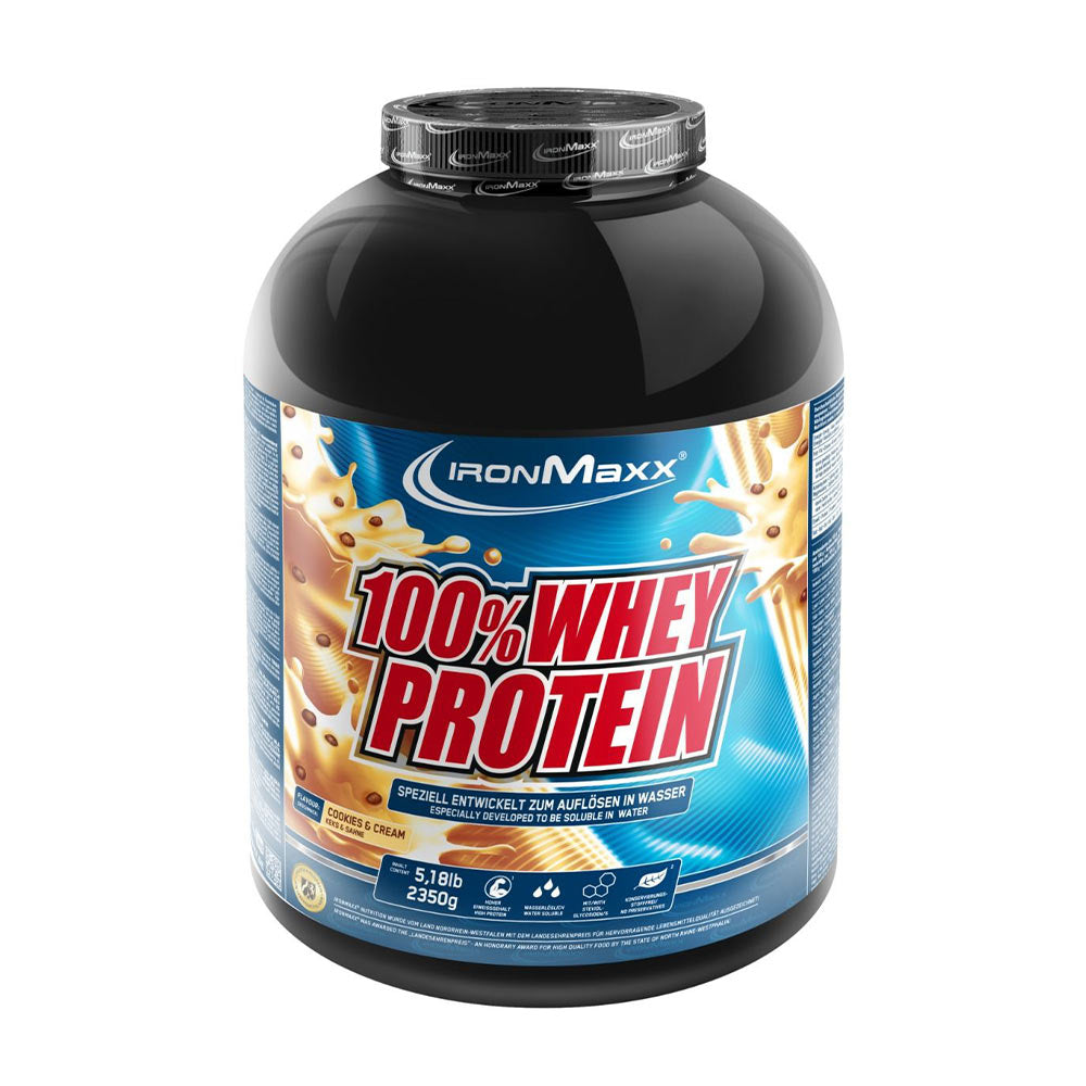 Ironmaxx 100% Whey Protein jar with creamy flavor, high protein content, ideal for muscle growth and easy mixing.