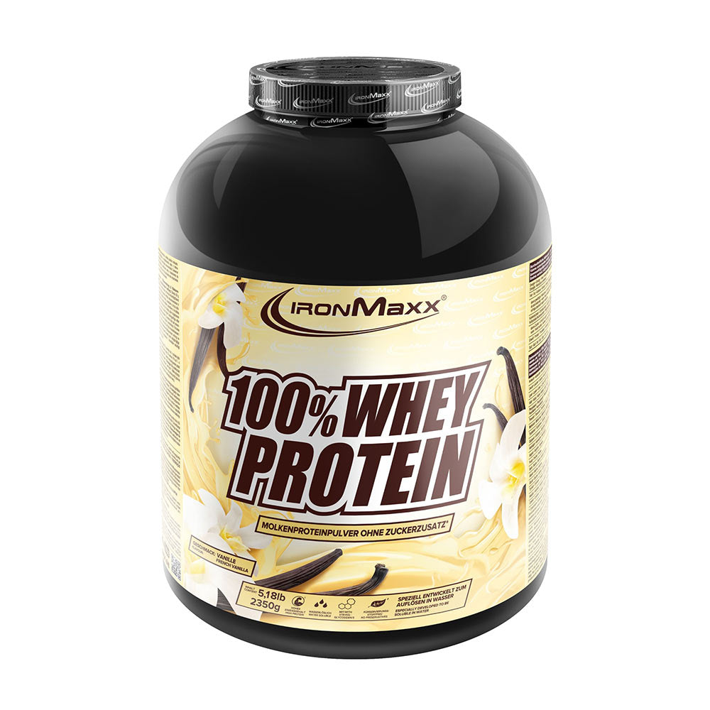 Ironmaxx 100% Whey Protein powder in a black and yellow container, ideal for muscle growth and high protein diets.
