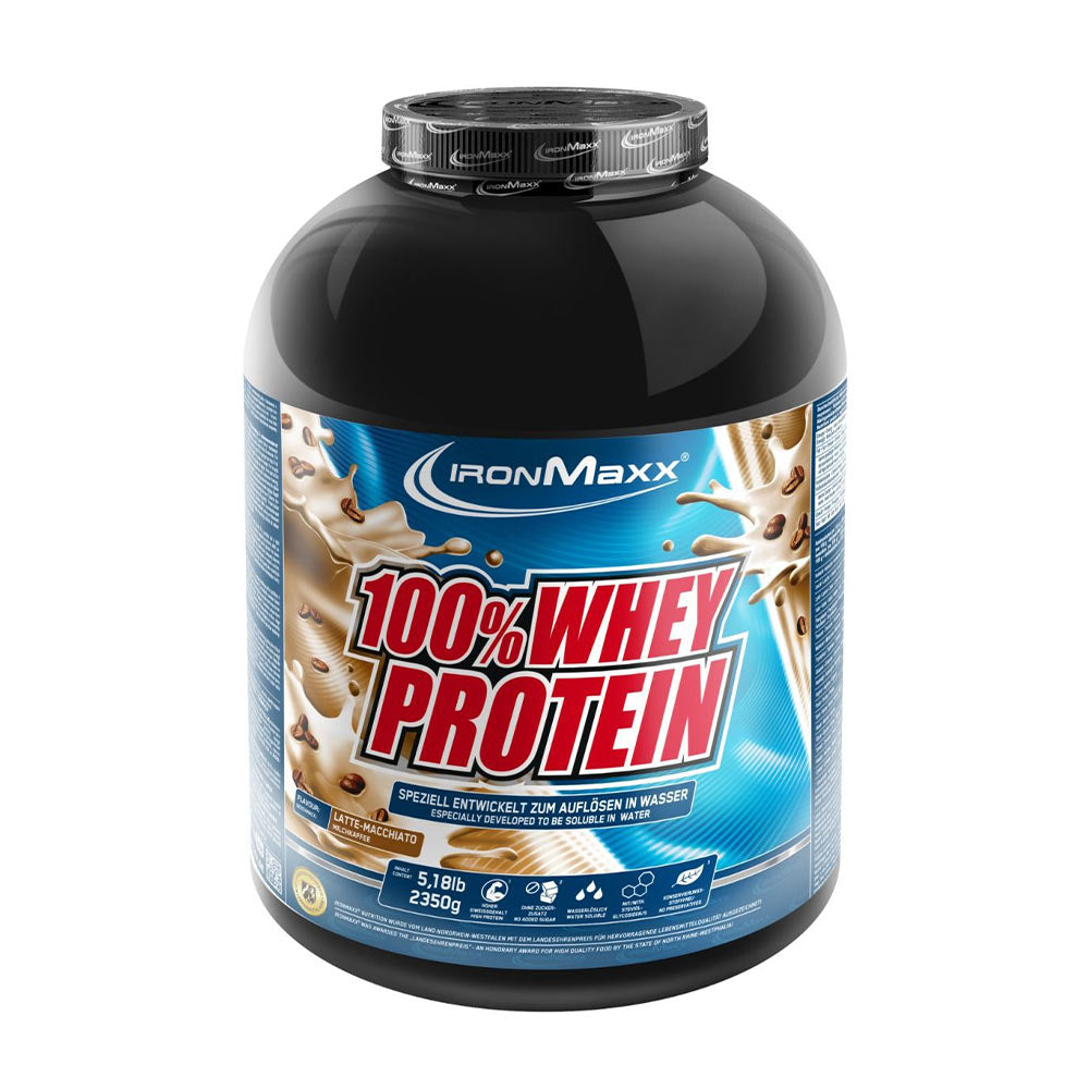 Ironmaxx 100% Whey Protein powder container, high protein content, available in multiple flavors.