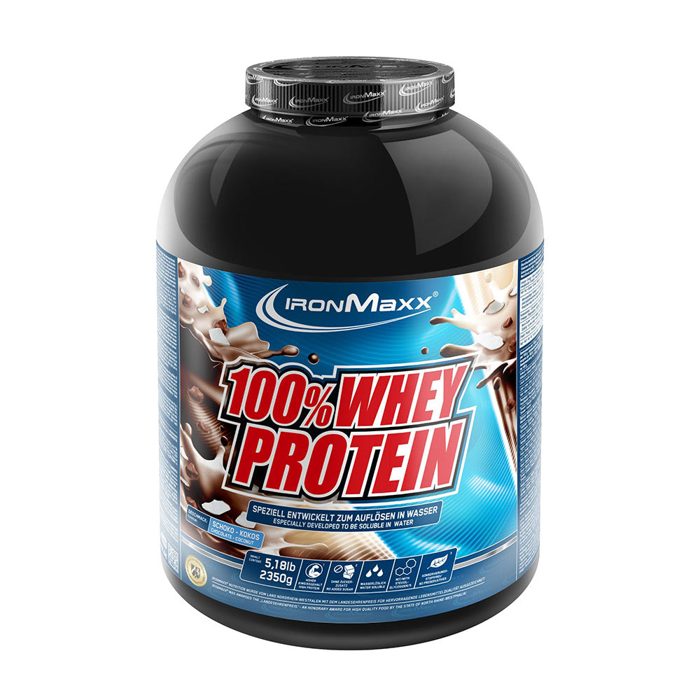 Ironmaxx 100% Whey Protein powder container, high protein content for muscle growth, available in multiple flavors.
