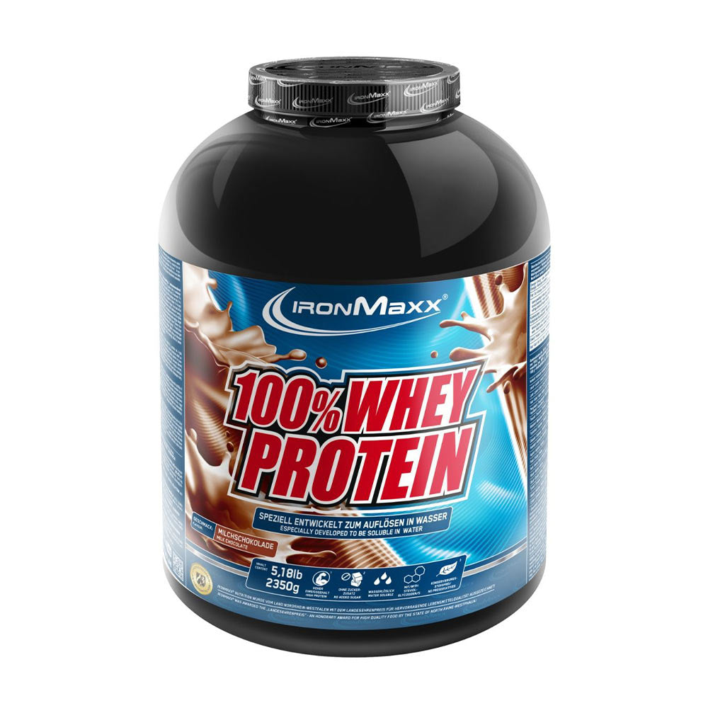 Ironmaxx 100% Whey Protein tub, high protein content, great taste, ideal for muscle growth and rich in flavors.