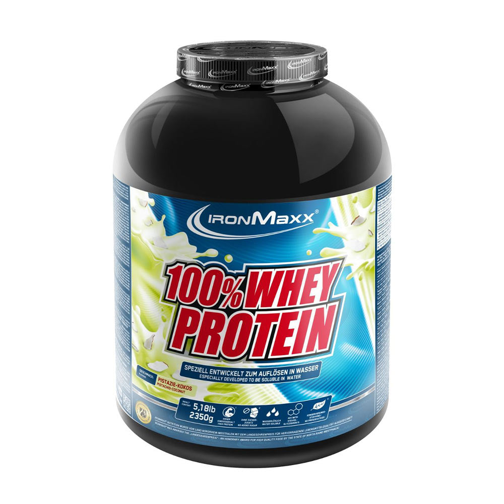 Ironmaxx 100% Whey Protein container, a high protein supplement for muscle growth and maintenance.