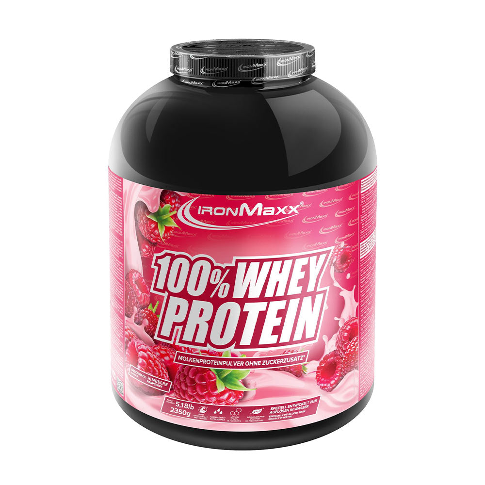 Ironmaxx 100% Whey Protein powder in raspberry flavor, high protein content for muscle growth.