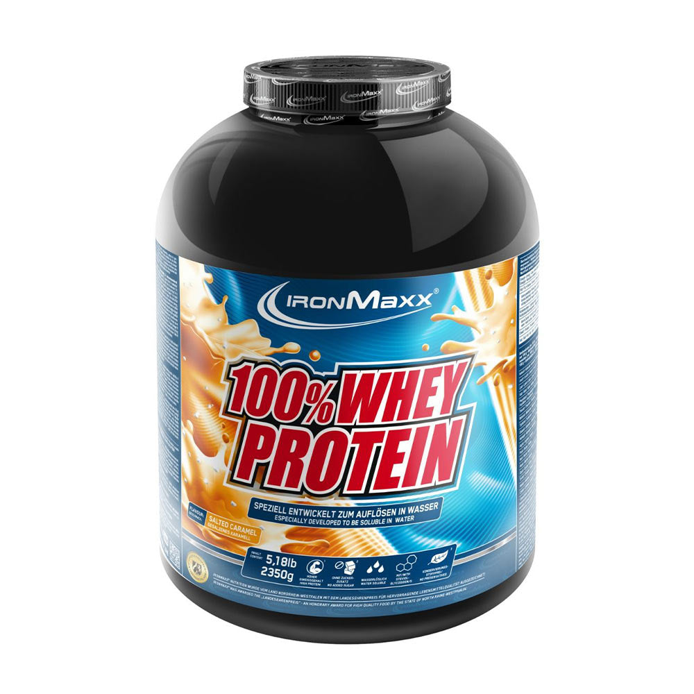 Ironmaxx 100% Whey Protein powder container with protein-rich benefits and delicious flavors for muscle growth.