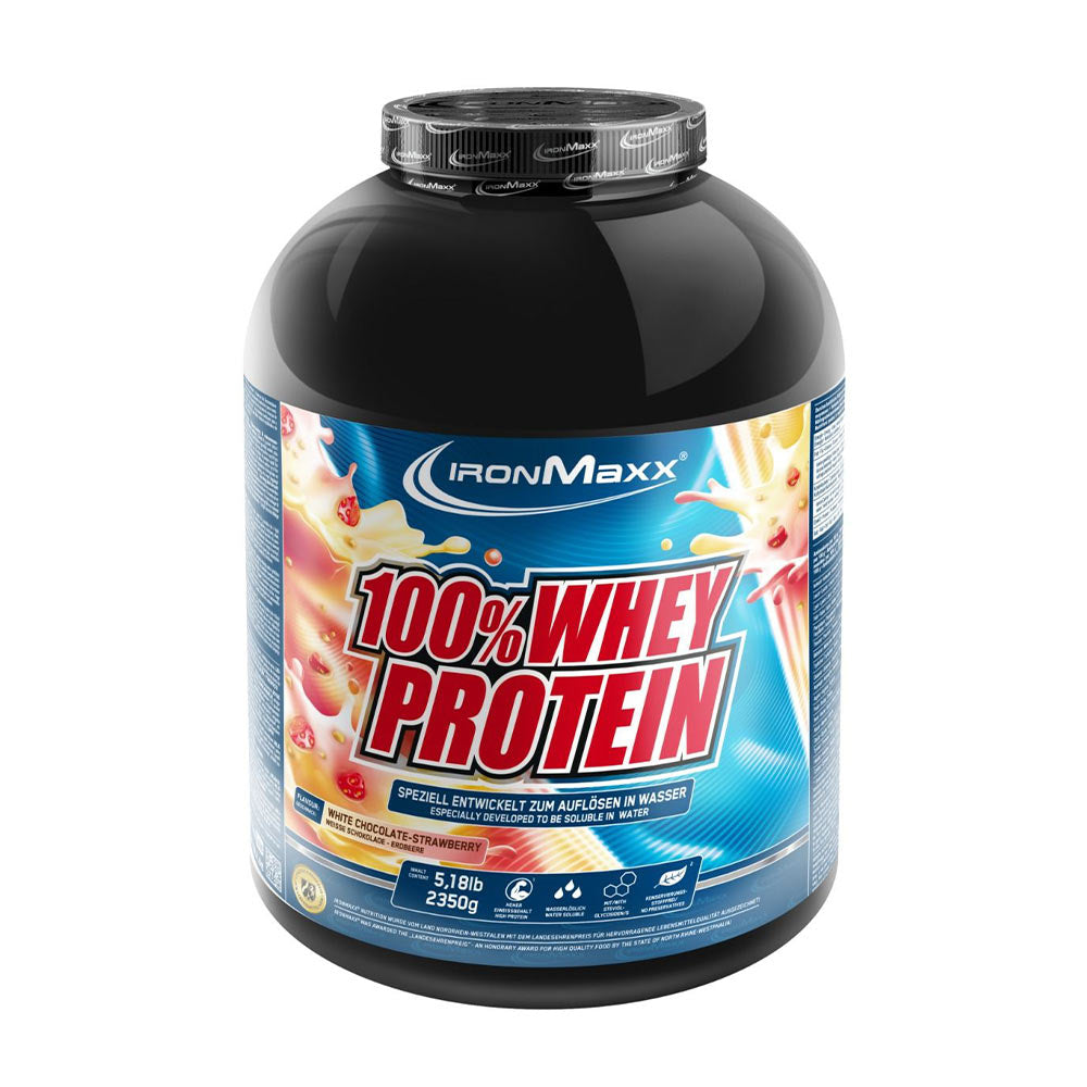 Ironmaxx 100% Whey Protein powder container, high protein, great taste, easy to mix with water.