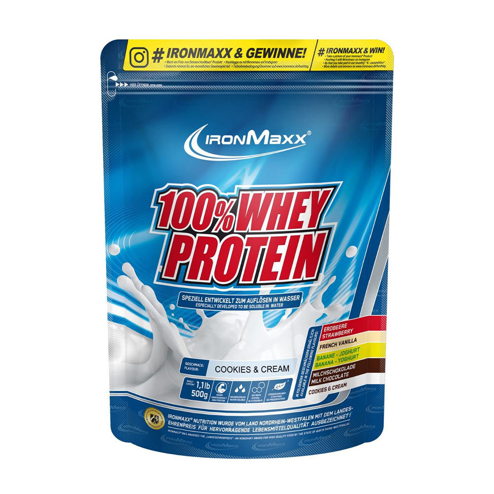 Ironmaxx 100% Whey Protein Cookies & Cream, 500g pack, ideal for muscle growth and daily protein intake.