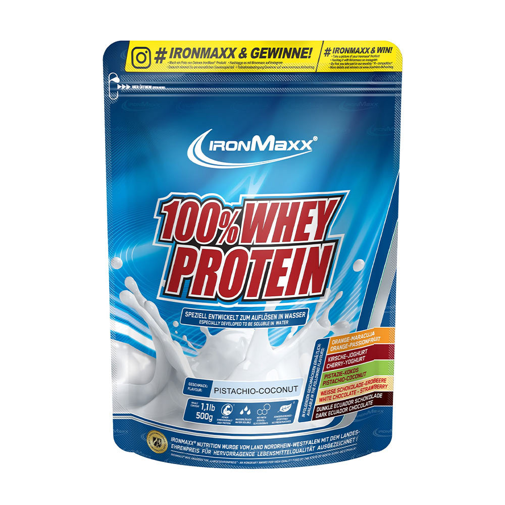 Ironmaxx 100% Whey Protein pouch featuring pistachio-coconut flavor for muscle growth and high protein intake.