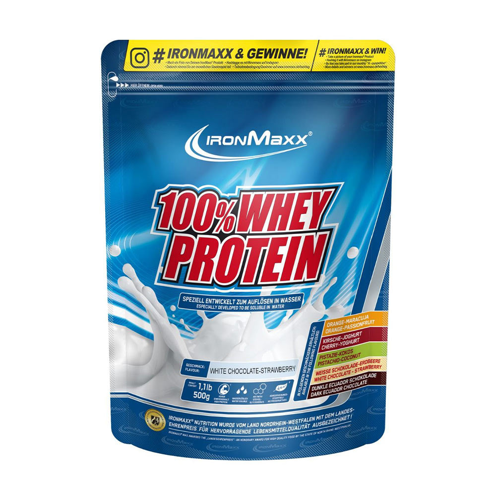 Ironmaxx 100% Whey Protein powder package in white chocolate-strawberry flavor, 500g.