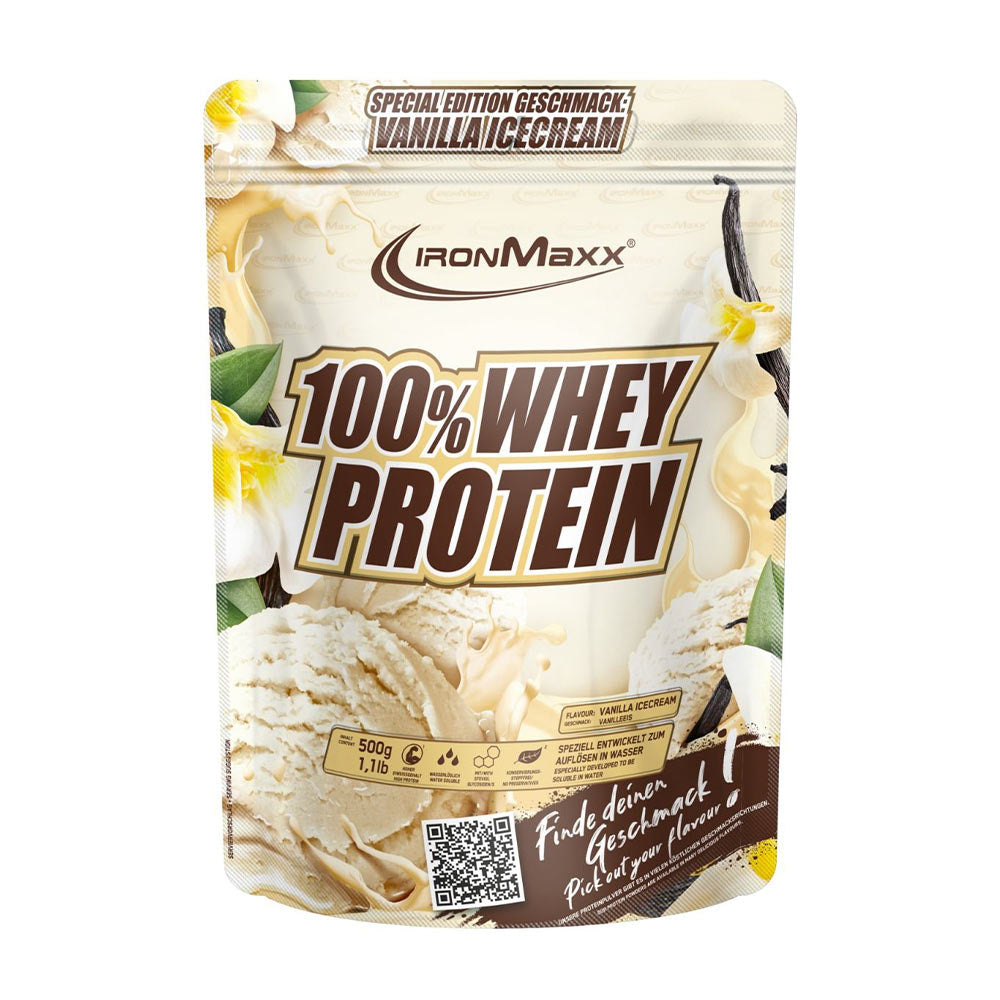 Ironmaxx 100% Whey Protein Vanilla Ice Cream flavor, high-quality protein supplement for muscle growth.