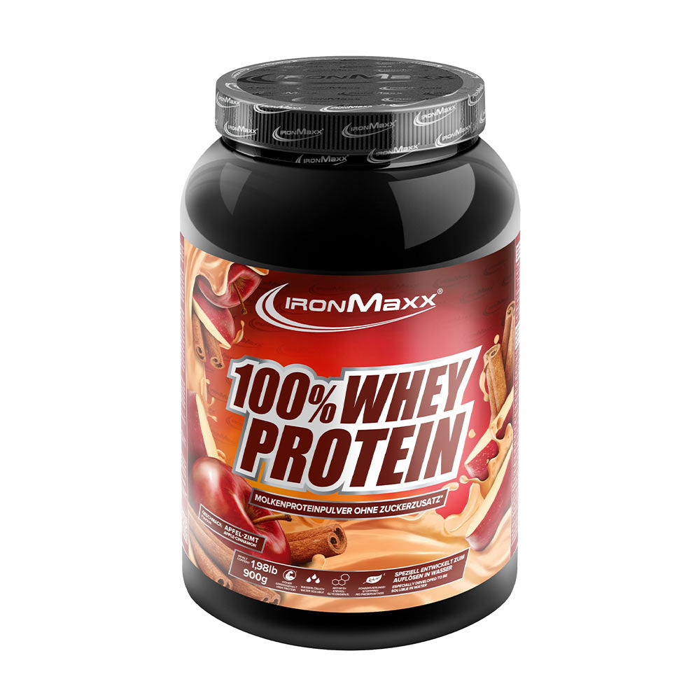 Ironmaxx 100% Whey Protein powder jar with chocolate flavor, high protein content for muscle growth.