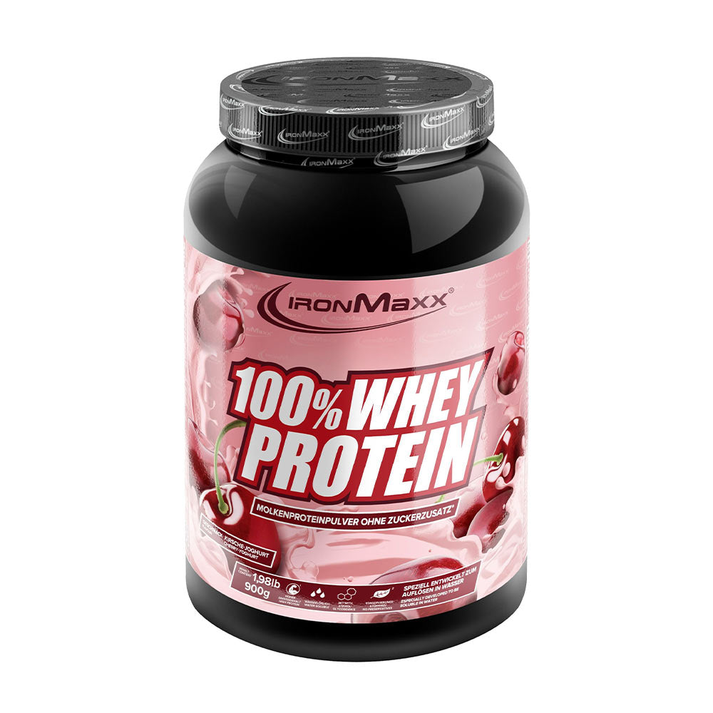 Ironmaxx 100% Whey Protein powder tub, featuring high protein content for muscle growth and delicious flavors.