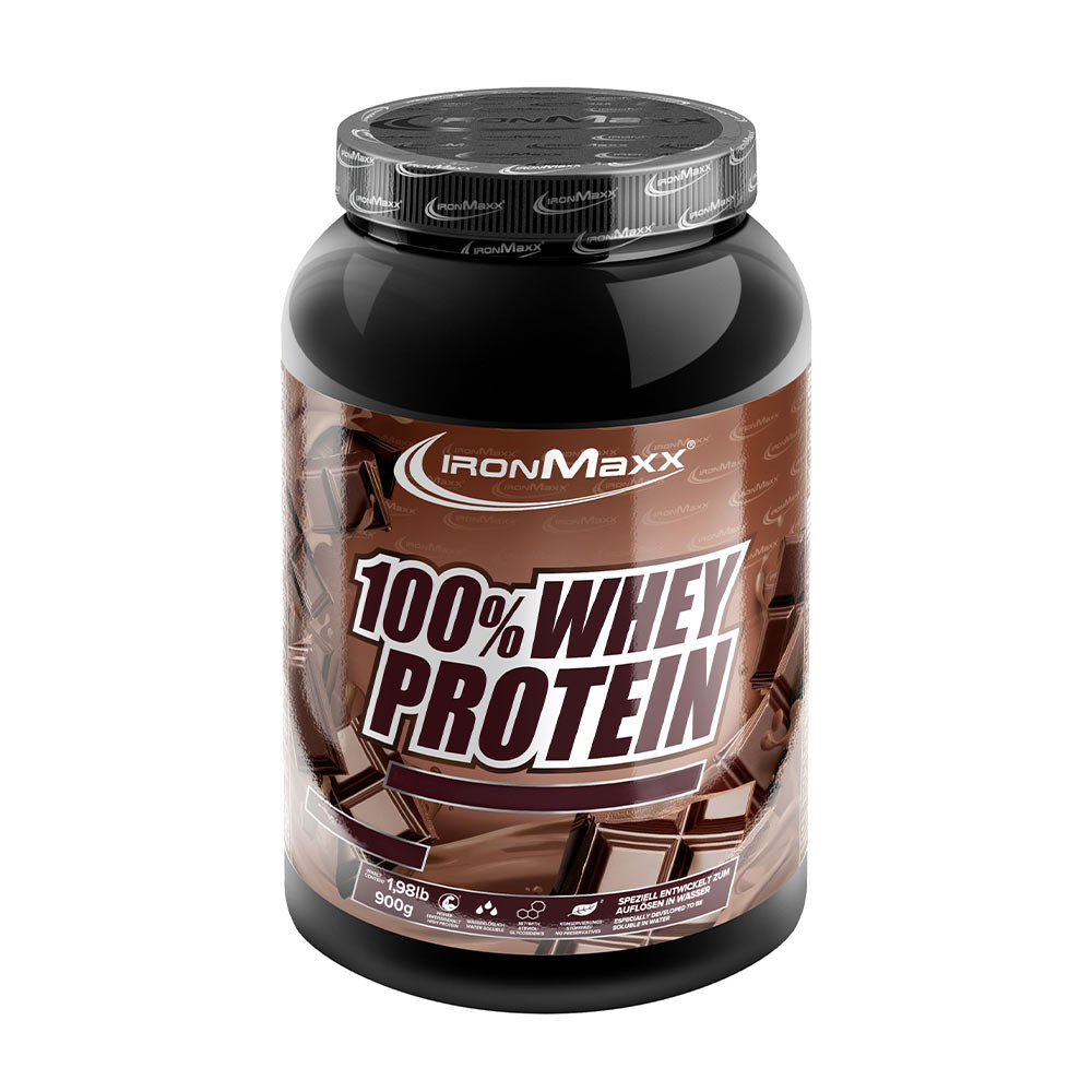 Ironmaxx 100% Whey Protein in chocolate flavor, high protein content, ideal for muscle growth, 900g container.