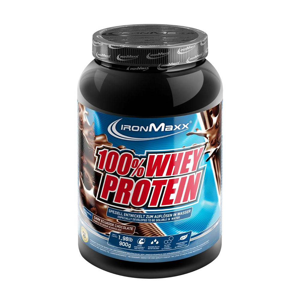 Ironmaxx 100% Whey Protein powder tub, showcasing high protein content and delicious flavors for muscle growth.
