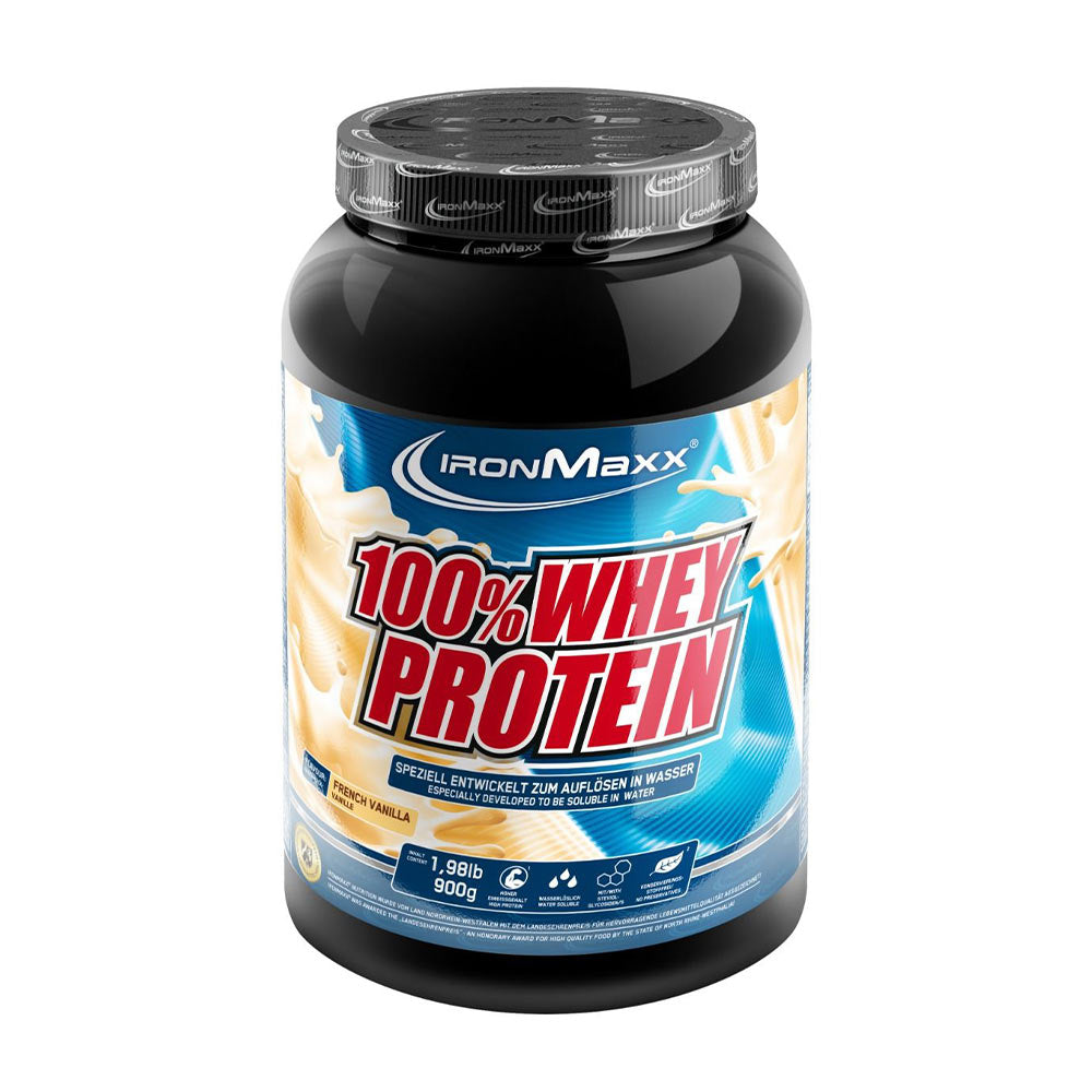 Ironmaxx 100% Whey Protein powder container for muscle growth and high protein intake.