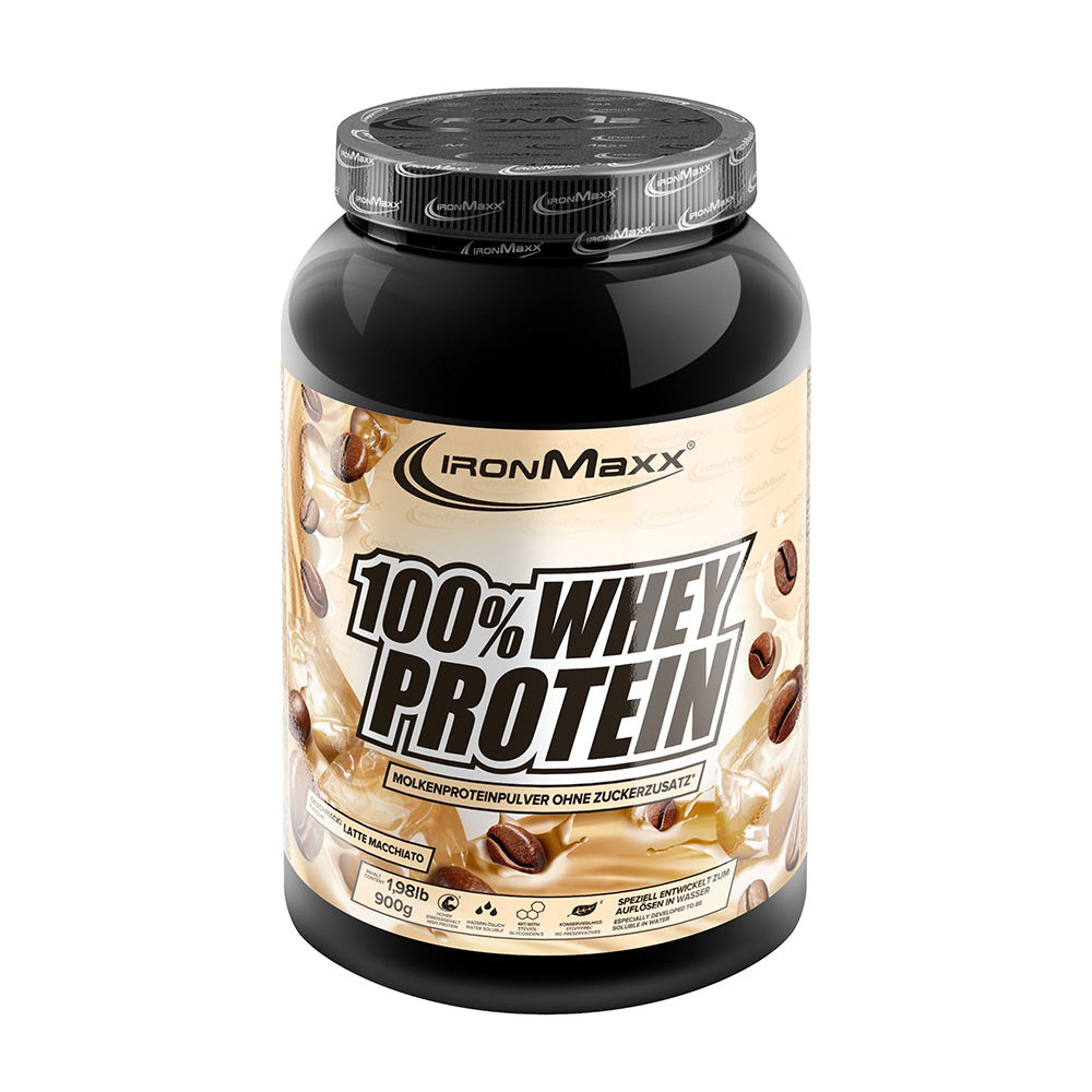 Ironmaxx 100% Whey Protein tub for optimal muscle growth with high protein dosage and delicious flavors.