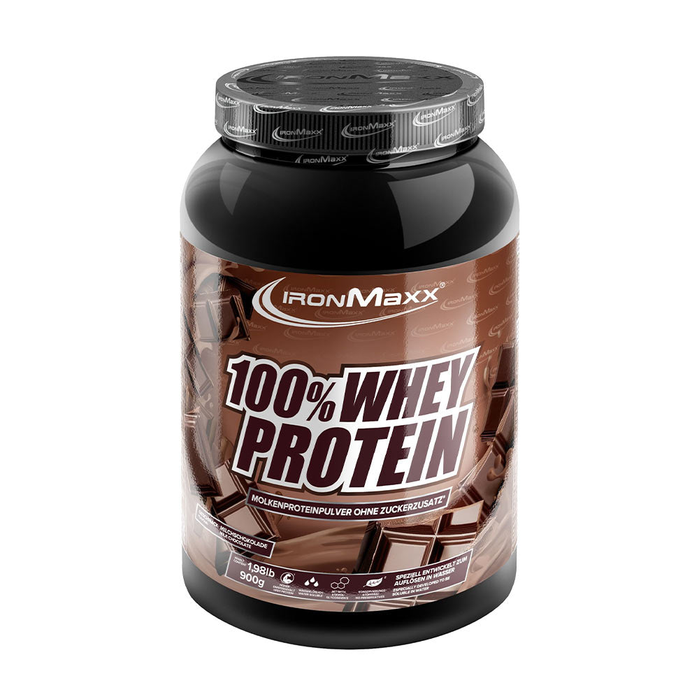 Ironmaxx 100% Whey Protein powder container for optimal muscle growth and high protein intake.