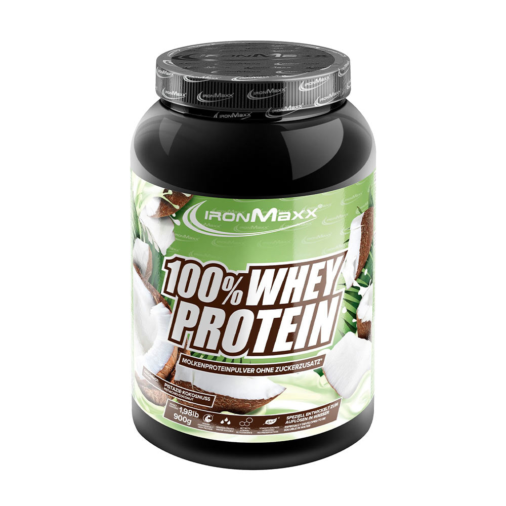 Ironmaxx 100% Whey Protein powder container featuring coconut flavor, ideal for muscle growth and protein-rich diets.