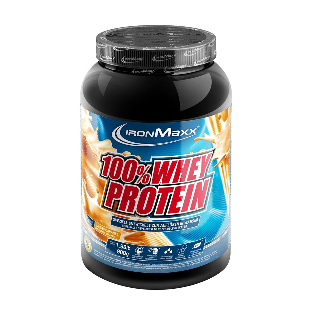Ironmaxx 100% Whey Protein tub, high protein supplement ideal for muscle growth, excellent solubility in water.