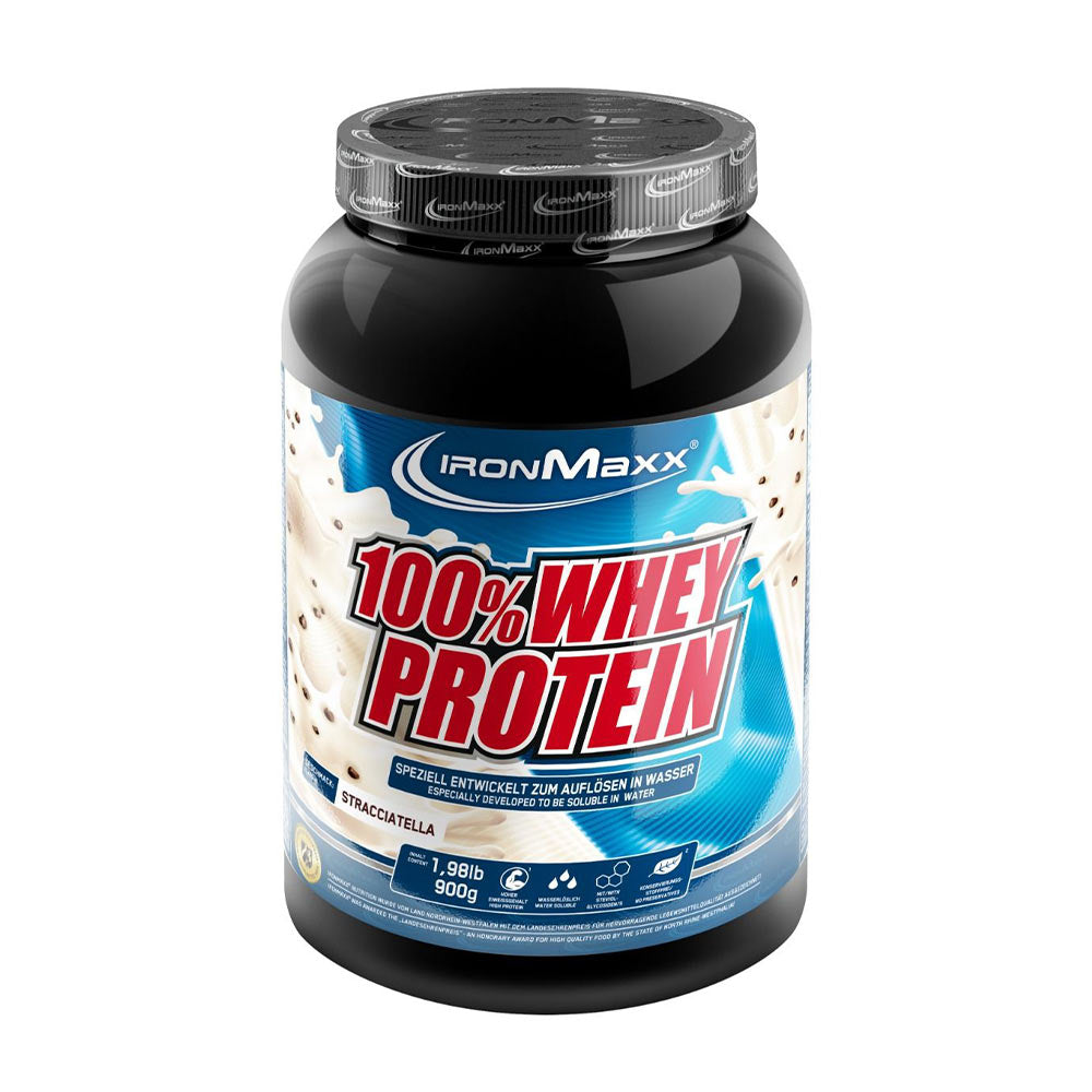 Ironmaxx 100% Whey Protein powder canister, delicious whey protein for muscle growth, optimal protein intake.