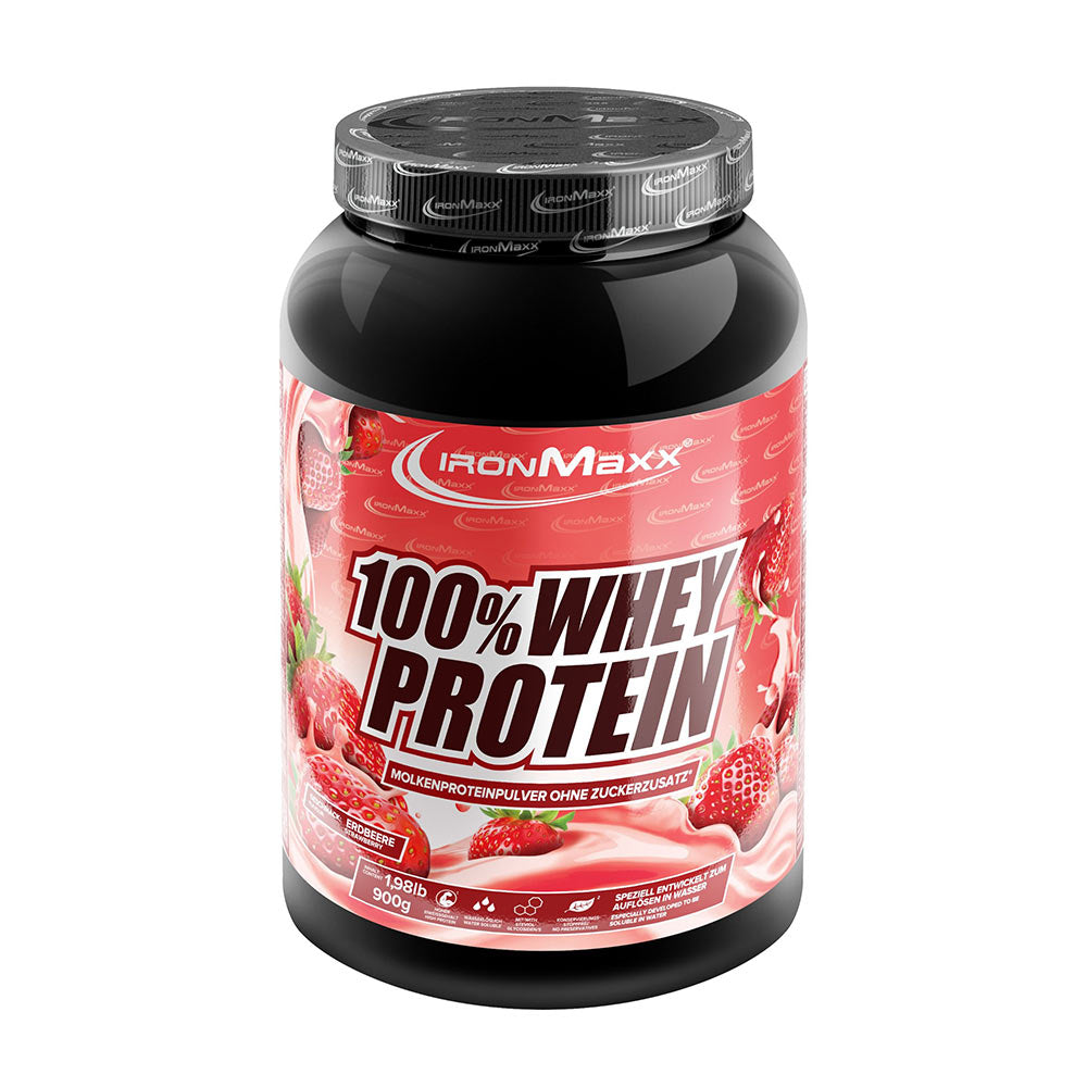 Ironmaxx 100% Whey Protein powder container with strawberry flavor, high protein content for muscle growth.
