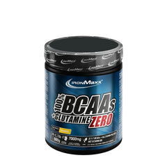 Ironmaxx BCAA+Glutamine Powder jar with 7000mg BCAAs, orange flavor, 500g, sugar-free, vegan-friendly.