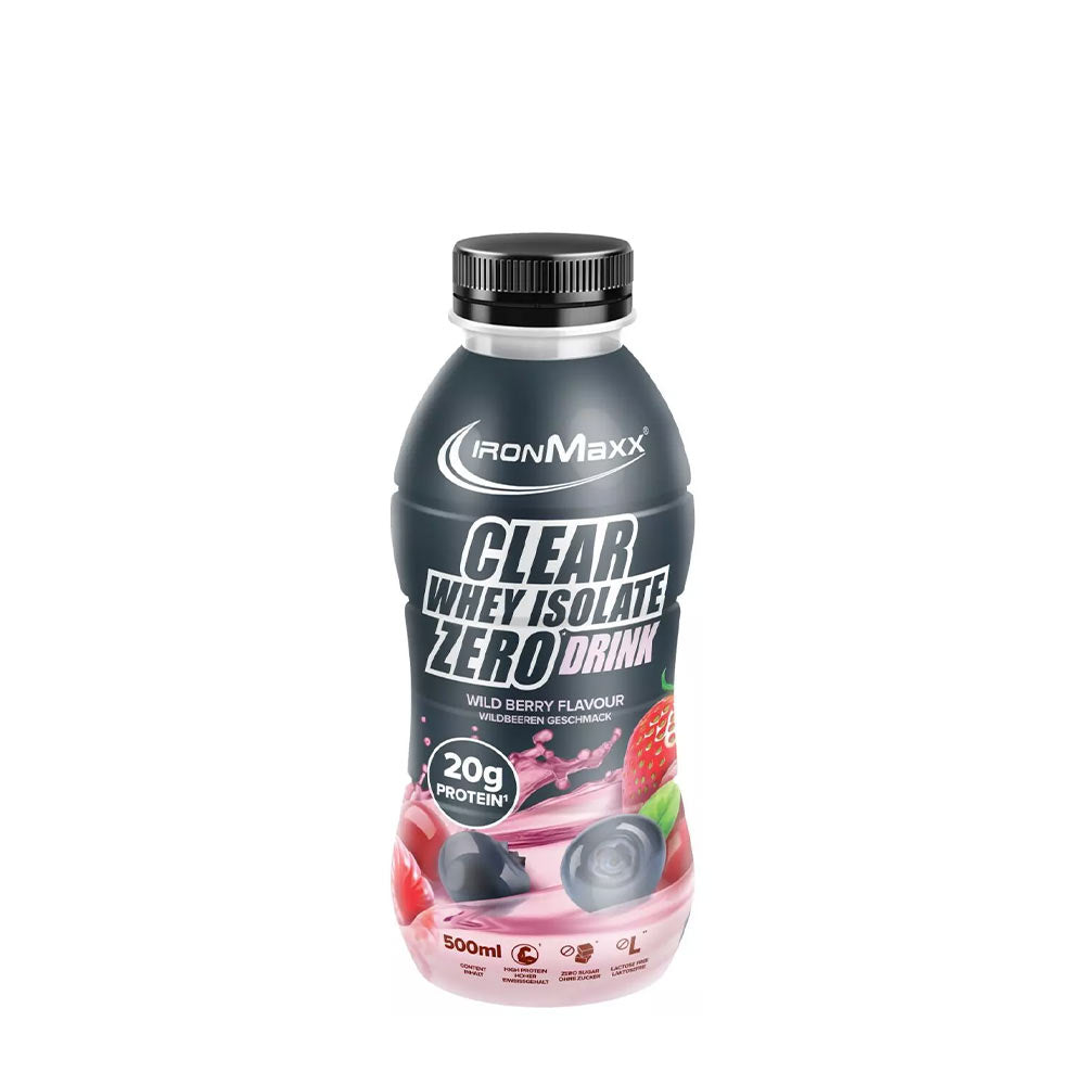 IronMaxx Clear Whey Isolate Zero Drink in wild berry flavor, 20g protein in a 500ml bottle.