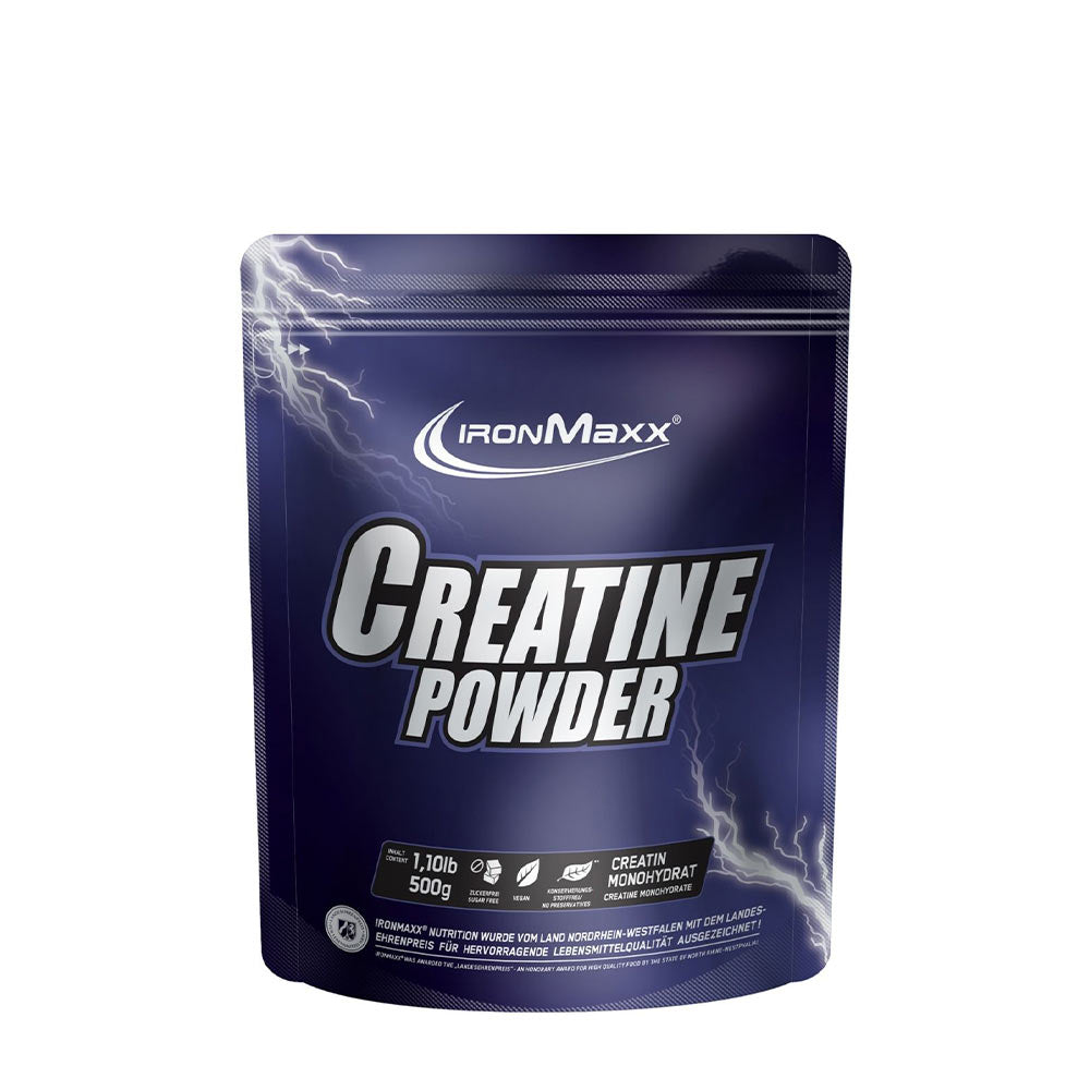 IronMaxx Creatine Powder packaging featuring high-quality creatine monohydrate for athletic performance.