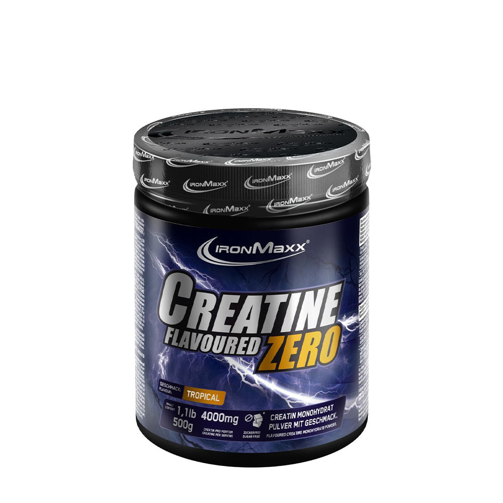 Ironmaxx Creatine Powder Zero in Tropical flavor, provides enhanced physical performance, 500g container.