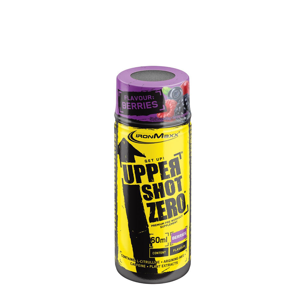 Ironmaxx Upper Shot Zero energy booster with berry flavor, 50ml, for enhanced workout performance and focus.