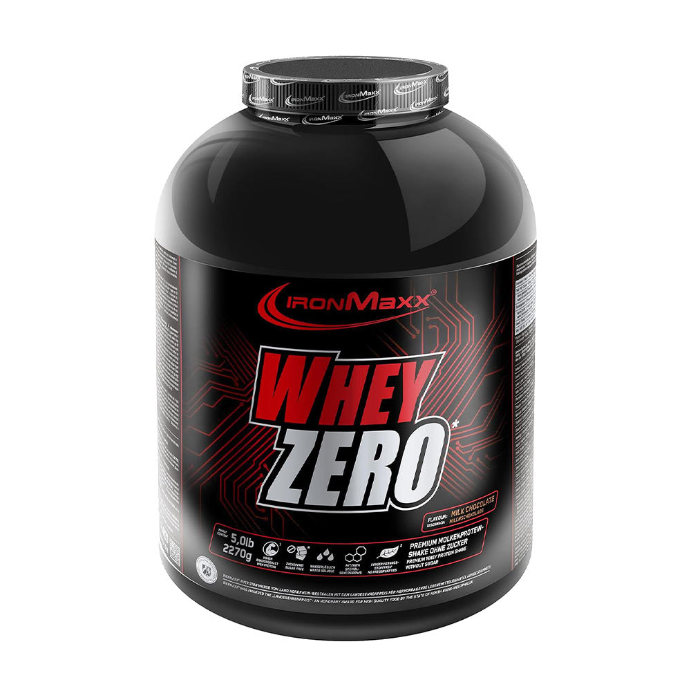 IronMaxx Whey Zero protein powder in a black container, 100% whey protein, no sugar added, high protein content.